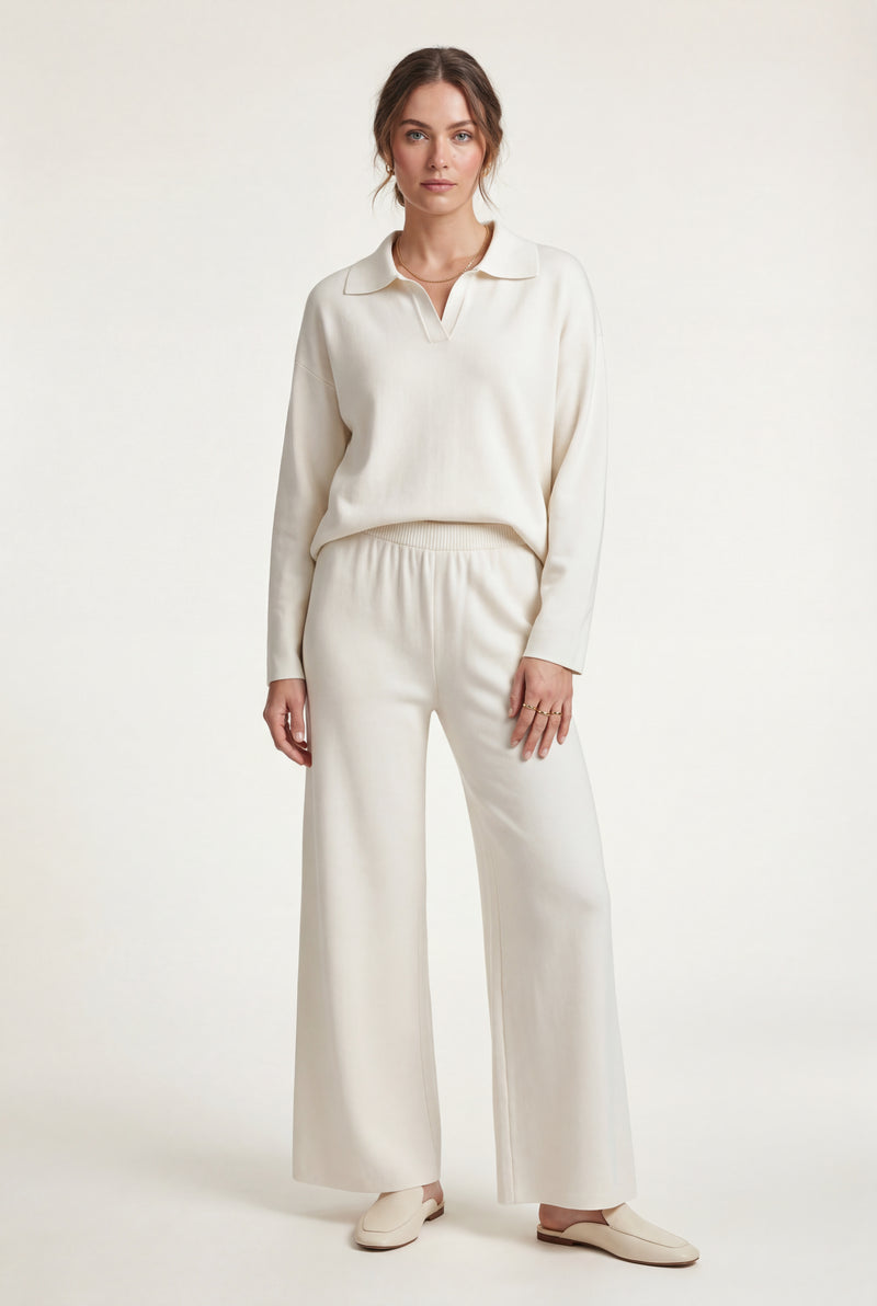White Oversized Collared Lounge Set with Wide-leg Trousers - Oversized set - Photo 1