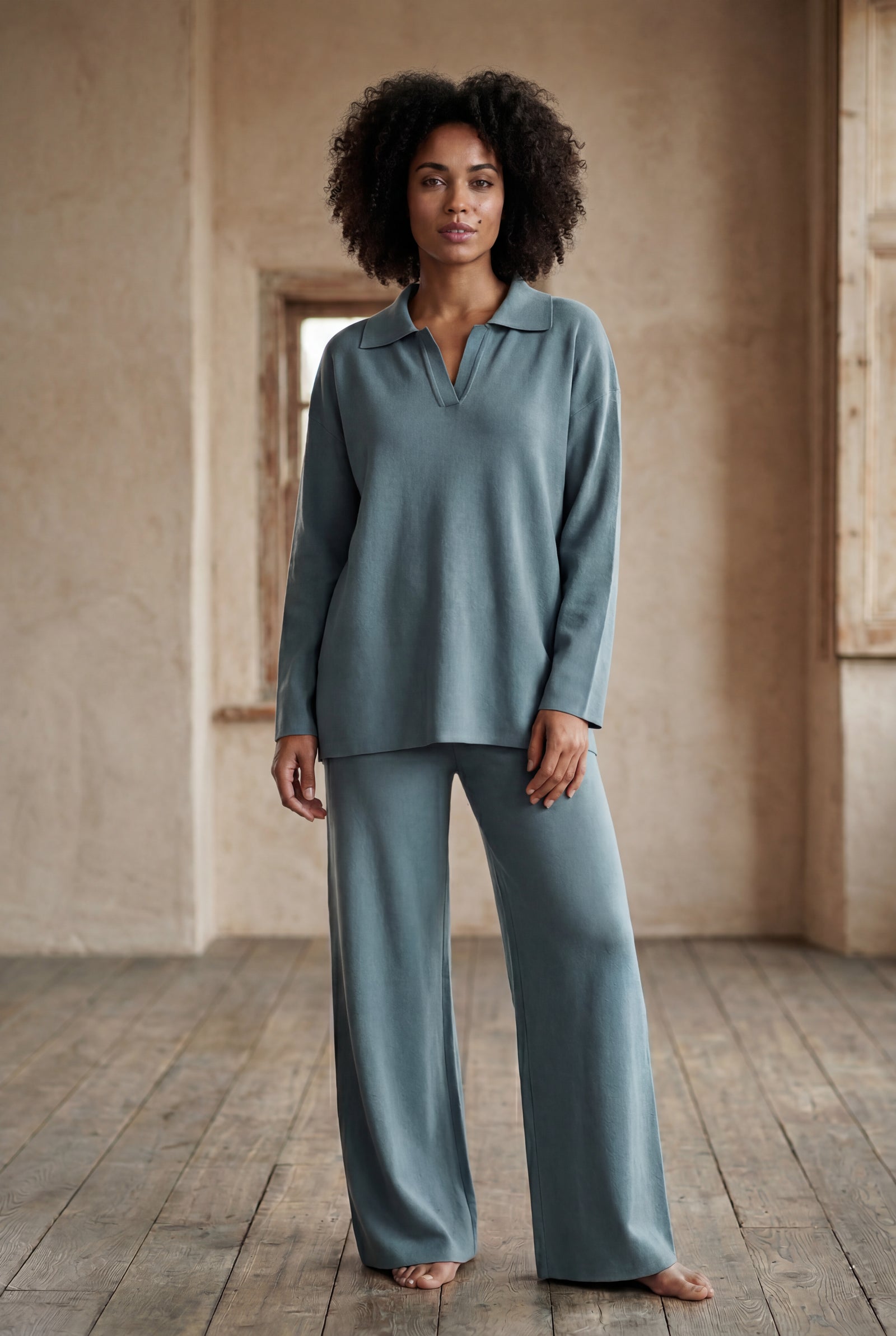 Blue Oversized Collared Lounge Set with Wide-leg Trousers - Oversized set - Photo 5