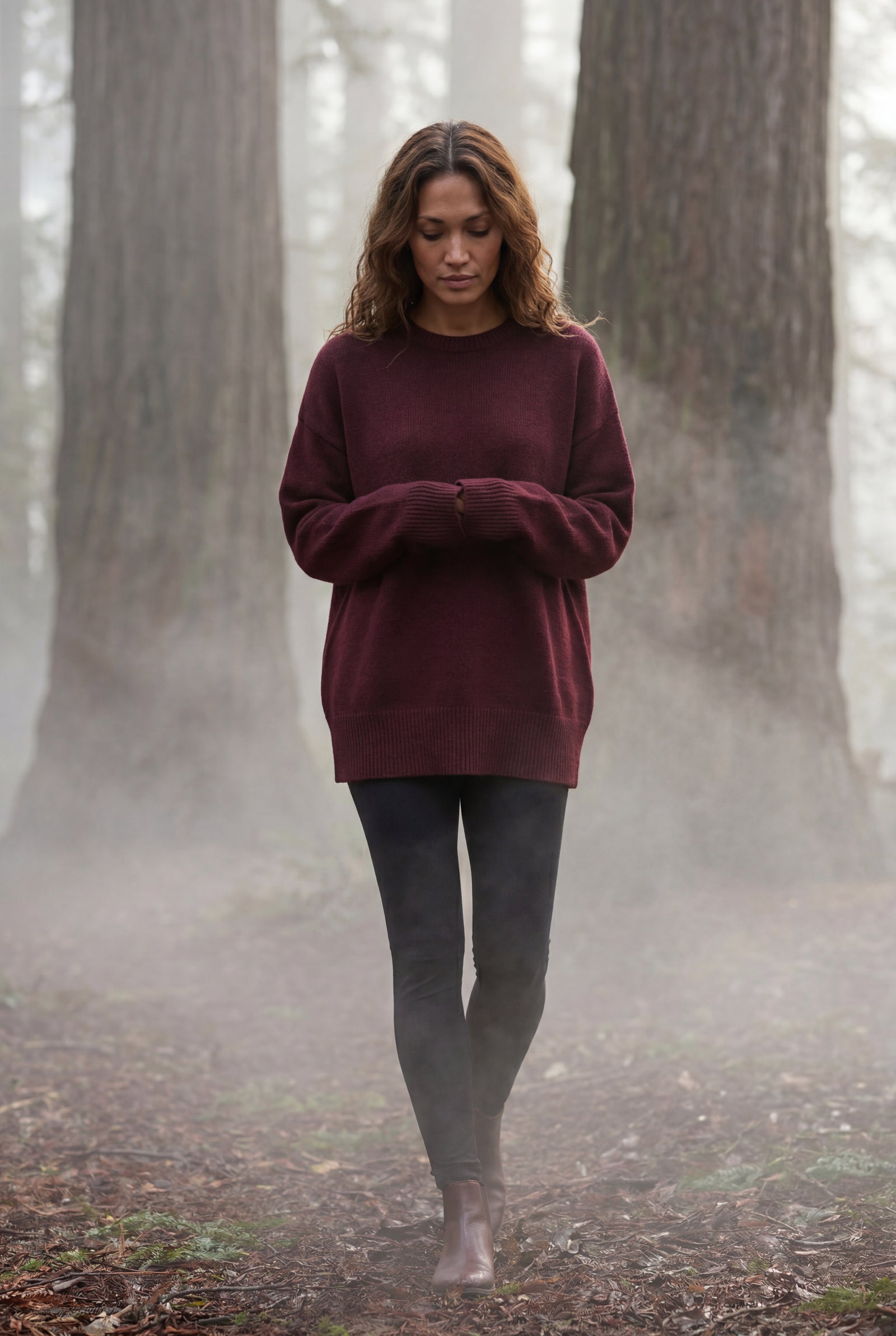 Burgundy Oversized Crewneck Sweater with Dropped Shoulders - Oversized sweater - Photo 14