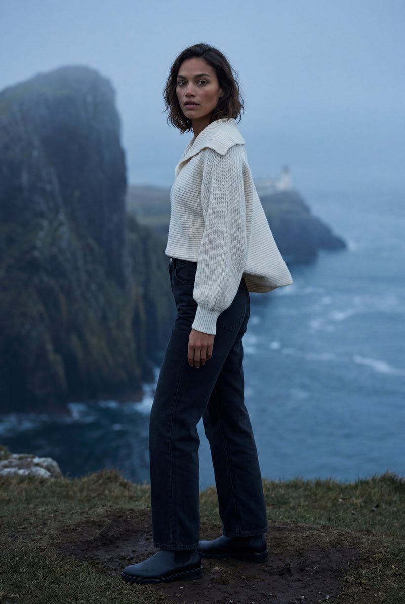 White Oversized Crewneck Sweater with Dropped Shoulders - Oversized sweater - Photo 2