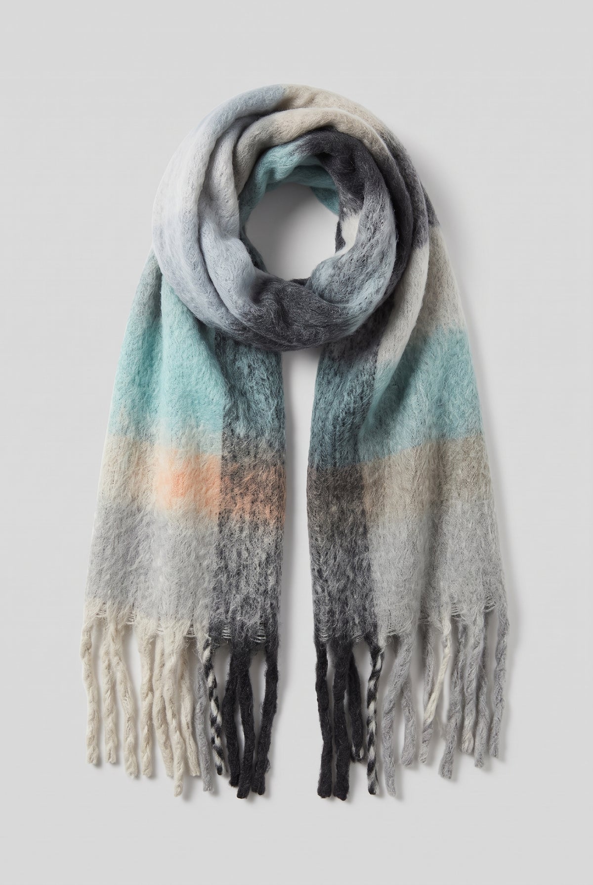Oversized Fringed Scarf in White — studio front