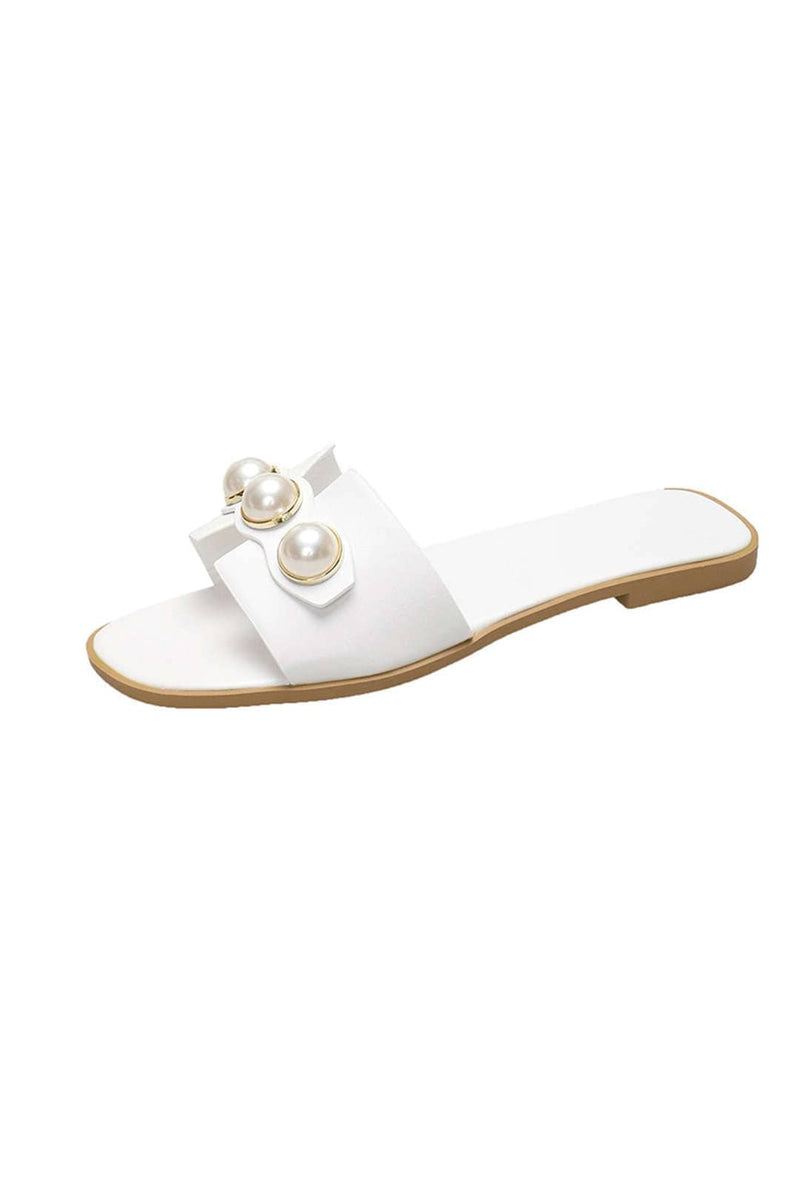 White Pearl Embellished Wide Strap Slide Sandals - Photo 3
