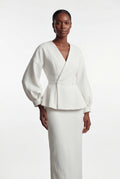 White Peplum Blazer and Long Pencil Skirt Set with Balloon Sleeves - Skirt suits - Photo 1