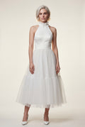 White Pleated Halter Neck Midi Dress with Open Back Detail - Halter neck dress - Photo 9