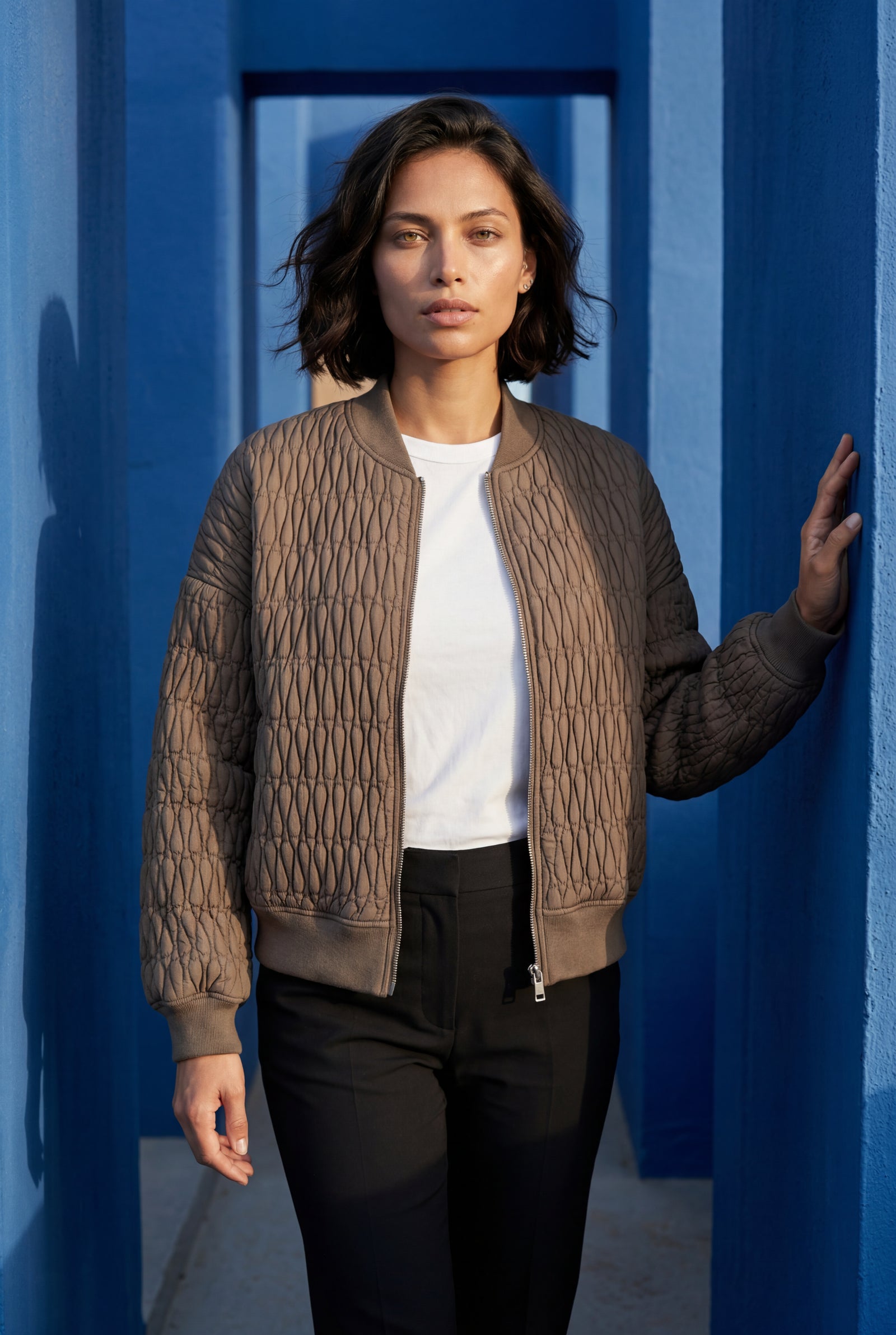 Coffee Quilted Bomber Jacket with Ribbed Trim - Photo 8