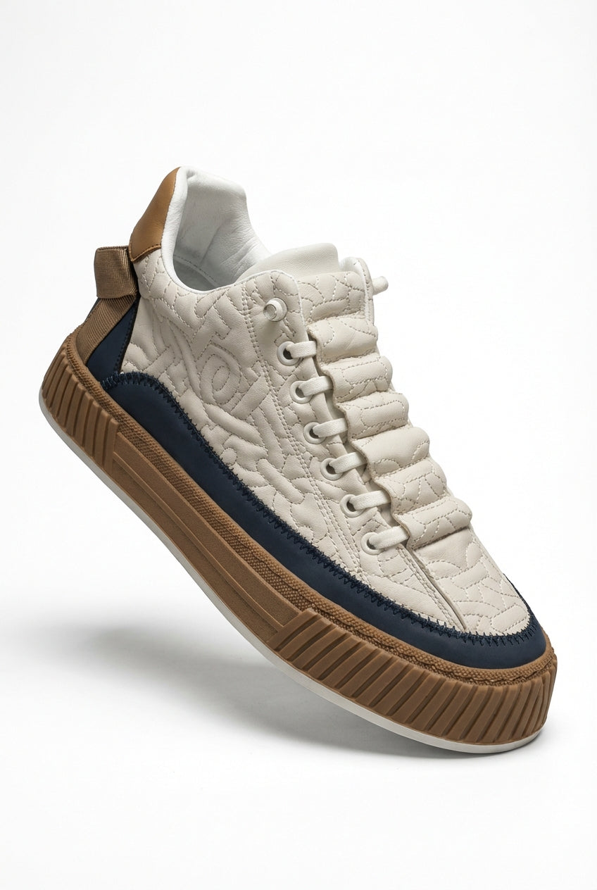 White Quilted Streetwear Low-top Sneakers with Bold Ribbed Sole - Photo 1