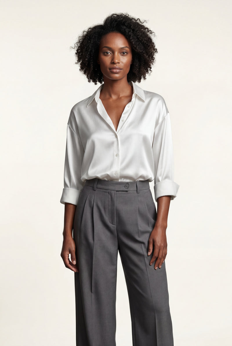 White Relaxed Fit Button-up Blouse with Pointed Collar - Blouses - Photo 2
