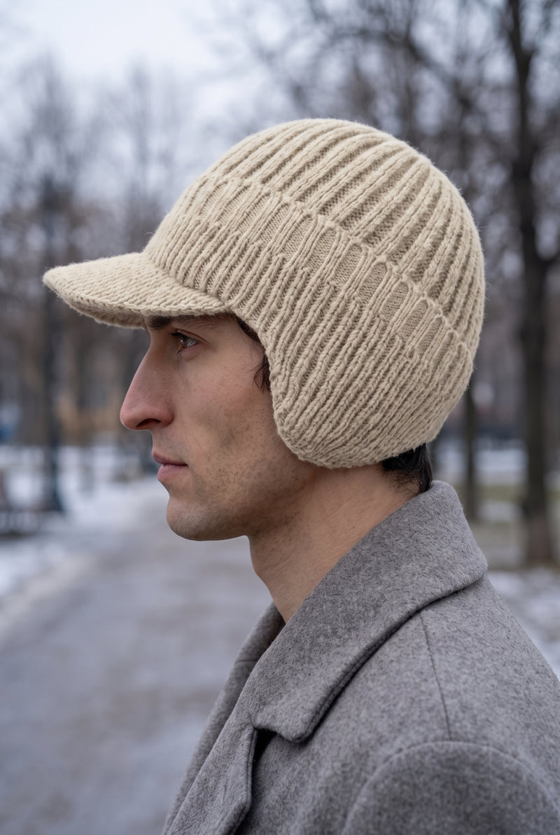 Rib Knit Earflap Beanie in White — studio angle