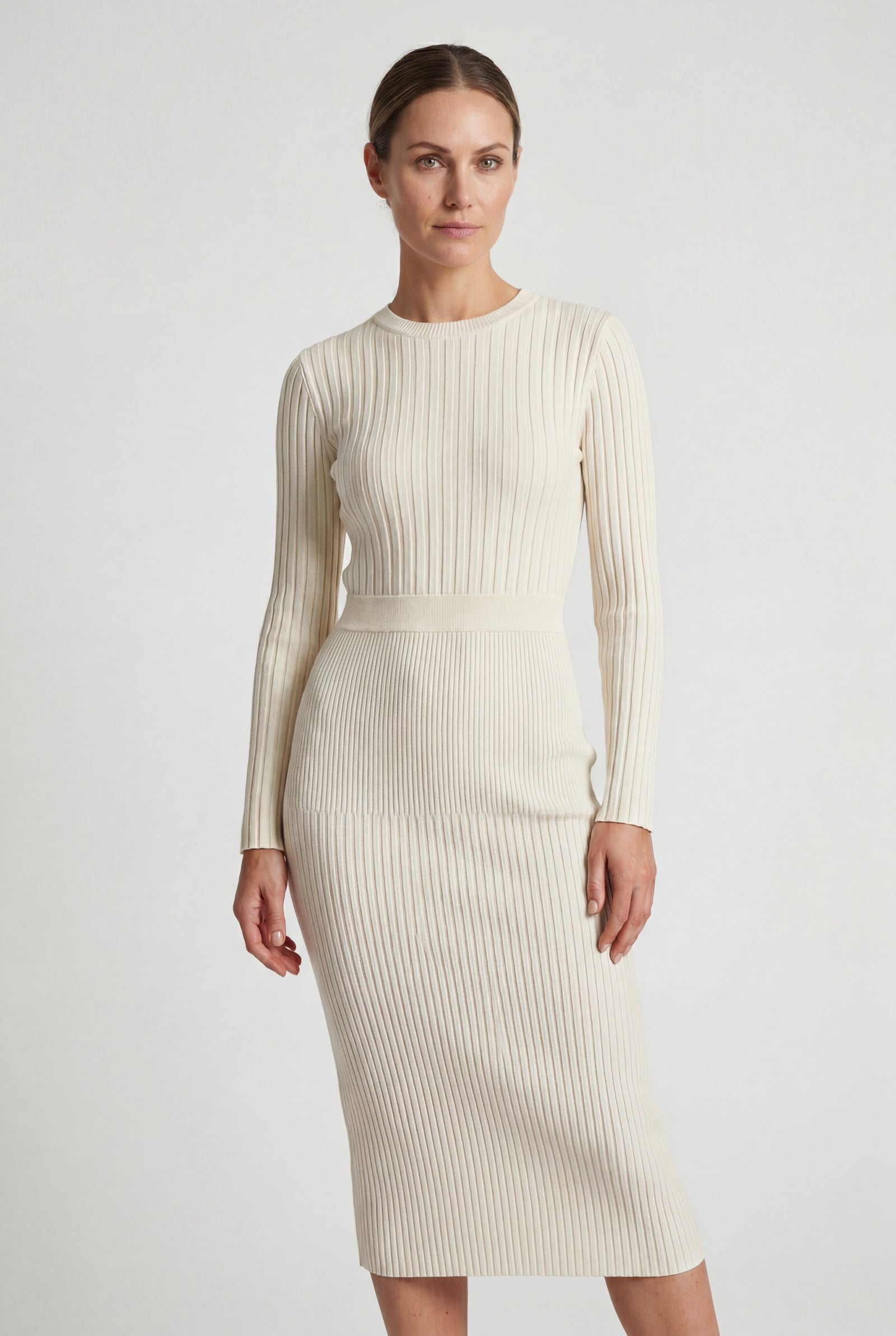 White Ribbed Bodycon Midi Dress with Long Sleeves - Bodycon dress - Photo 5