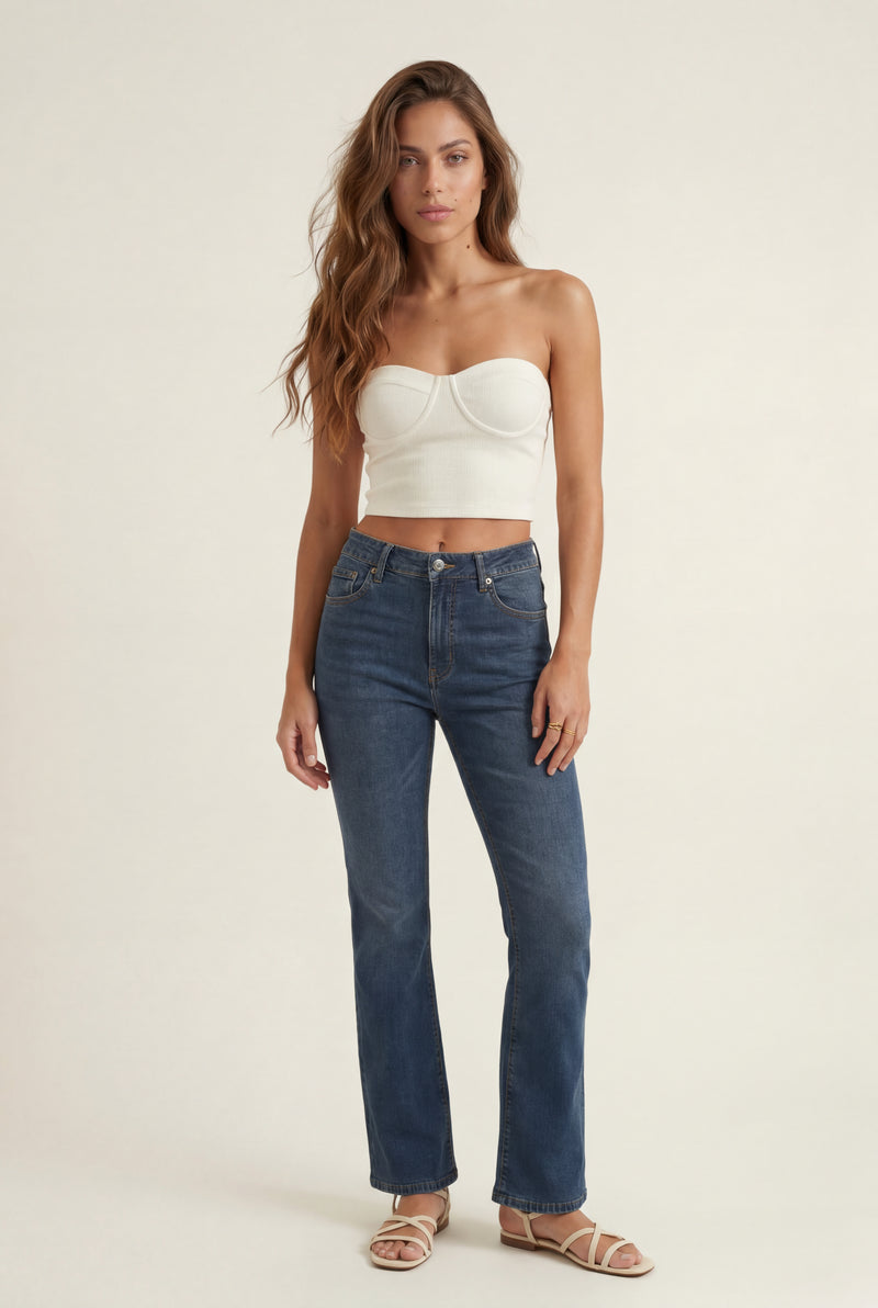 White Ribbed Bustier Strapless Crop Top with Cup Seaming - Strapless crop tops - Photo 4