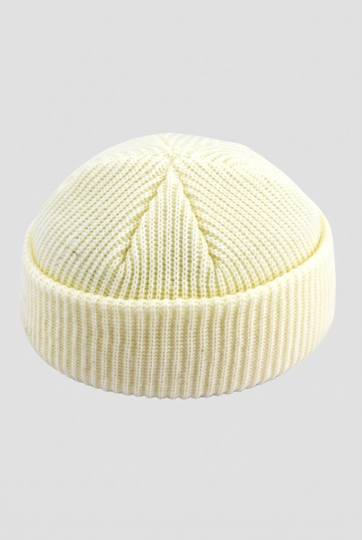 Ribbed Knit Dome Beanie in White — studio front