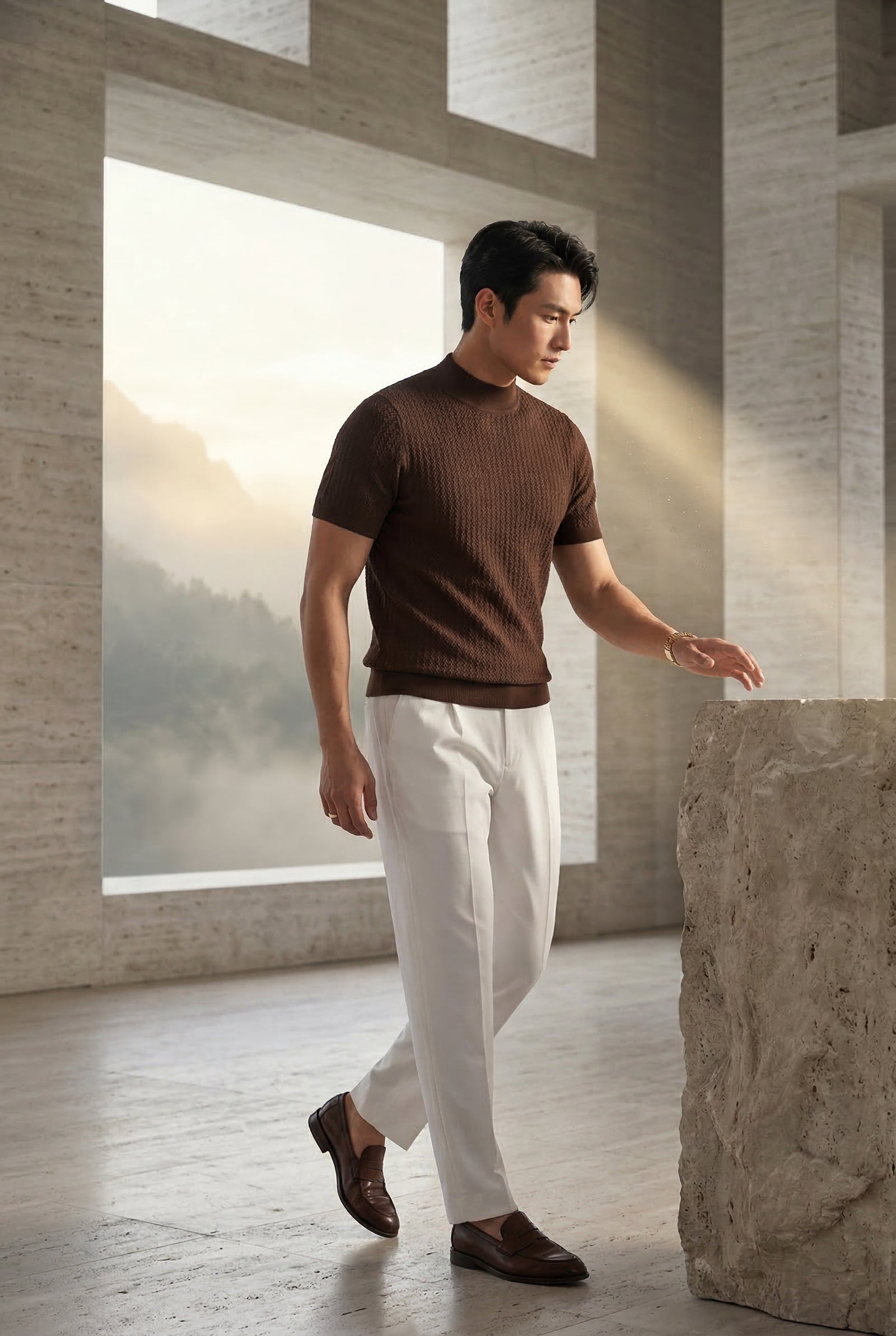 Brown Ribbed Mock Neck Short Sleeve Sweater Shirt - Short sleeve shirt - Photo 4