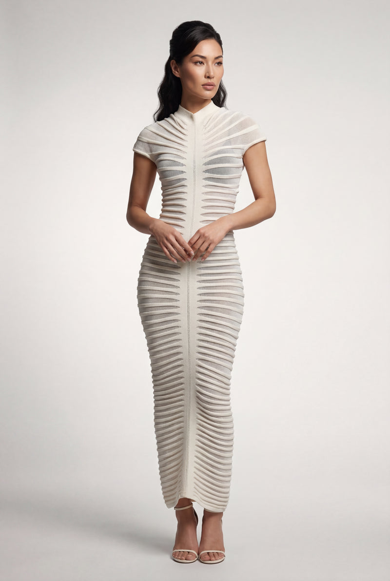White Ribbed Sculpted Cap Sleeve Maxi Dress - Photo 2