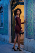 Burgundy Ruched Off-shoulder Bodycon Mini Dress with Long Sleeves - Bodycon dress - Photo 16