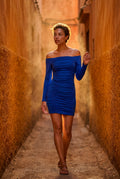 Blue Ruched Off-shoulder Bodycon Mini Dress with Long Sleeves - Bodycon dress - Photo 20