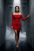 Red Ruched Off-shoulder Bodycon Mini Dress with Long Sleeves - Bodycon dress - Photo 25