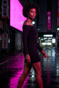Black Ruched Off-shoulder Bodycon Mini Dress with Long Sleeves - Bodycon dress - Photo 4