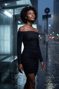 Black Ruched Off-shoulder Bodycon Mini Dress with Long Sleeves - Bodycon dress - Photo 7