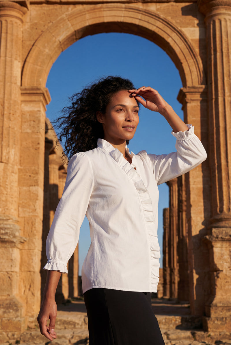White Ruffle Trim V-neck Long Sleeve Blouse - Blouses - Photo 4