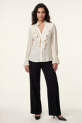 White Ruffled Pleated Blouse with Fluted Cuffs - Blouses - Photo 1