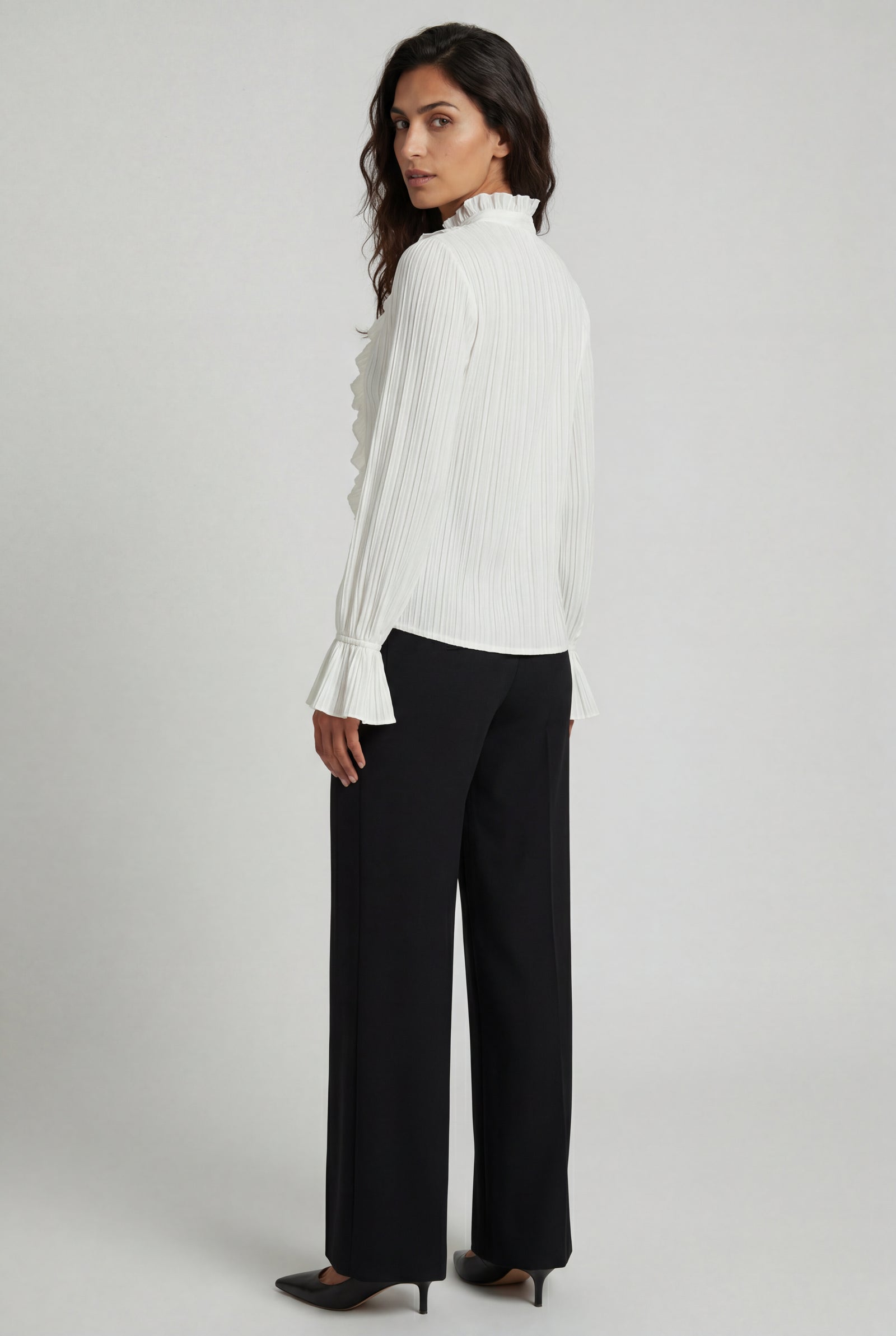 White Ruffled Pleated Blouse with Fluted Cuffs - Blouses - Photo 2