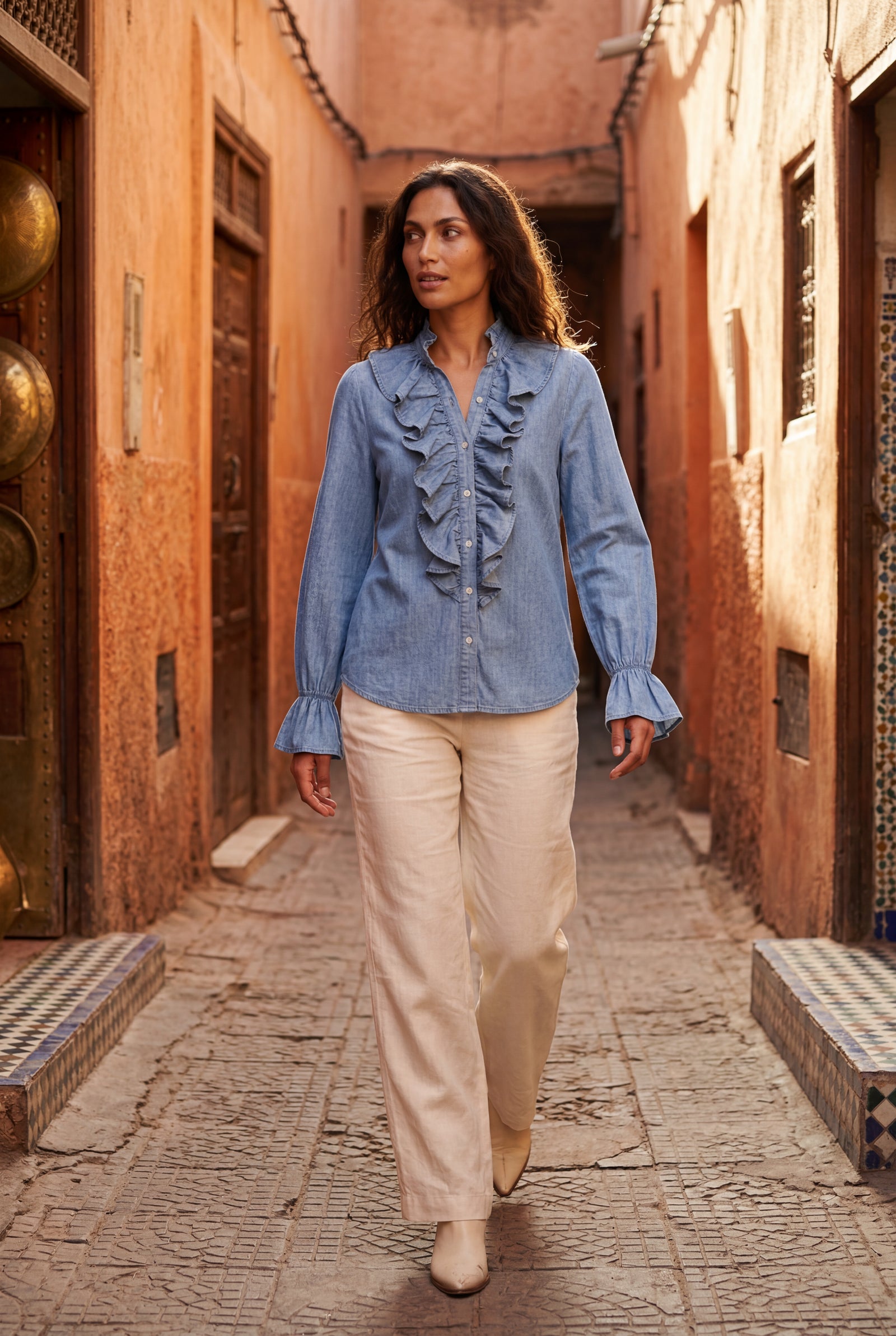 Blue Ruffled Pleated Blouse with Fluted Cuffs - Blouses - Photo 7