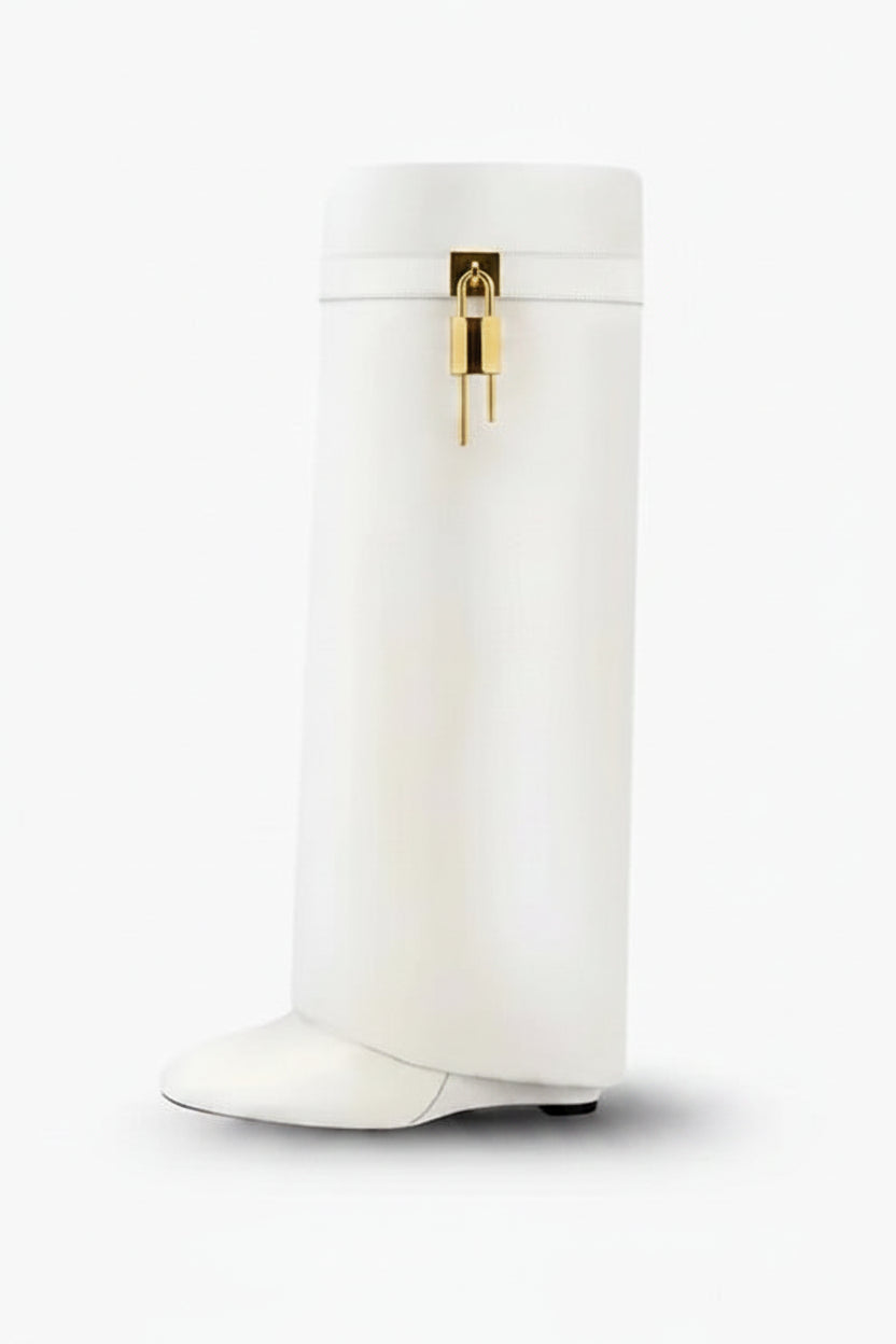White Sculptural High Shaft Wedge Boots with Padlock Detail - High Shaft Boots - Photo 2