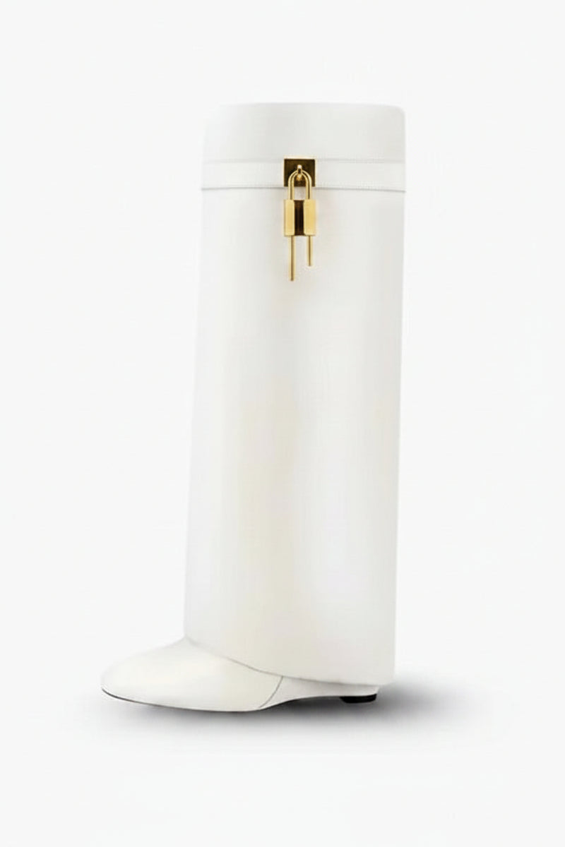 White Sculptural High Shaft Wedge Boots with Padlock Detail - High Shaft Boots - Photo 2