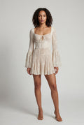 White Sheer Lace Flared Sleeve Mini Dress with Keyhole Detail - Photo 5