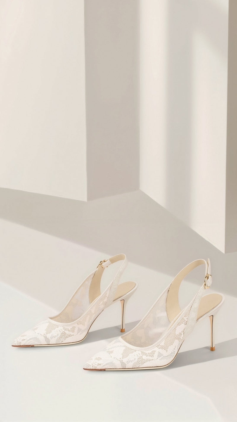 White Sheer Lace Pointed Toe Slingback Bridal Heels - Photo 4