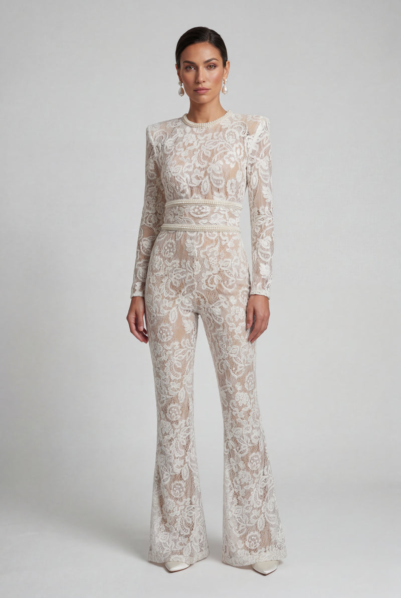 White Sheer Lace Wide-leg Jumpsuit with Belted Waist - Wide leg jumpsuit - Photo 1