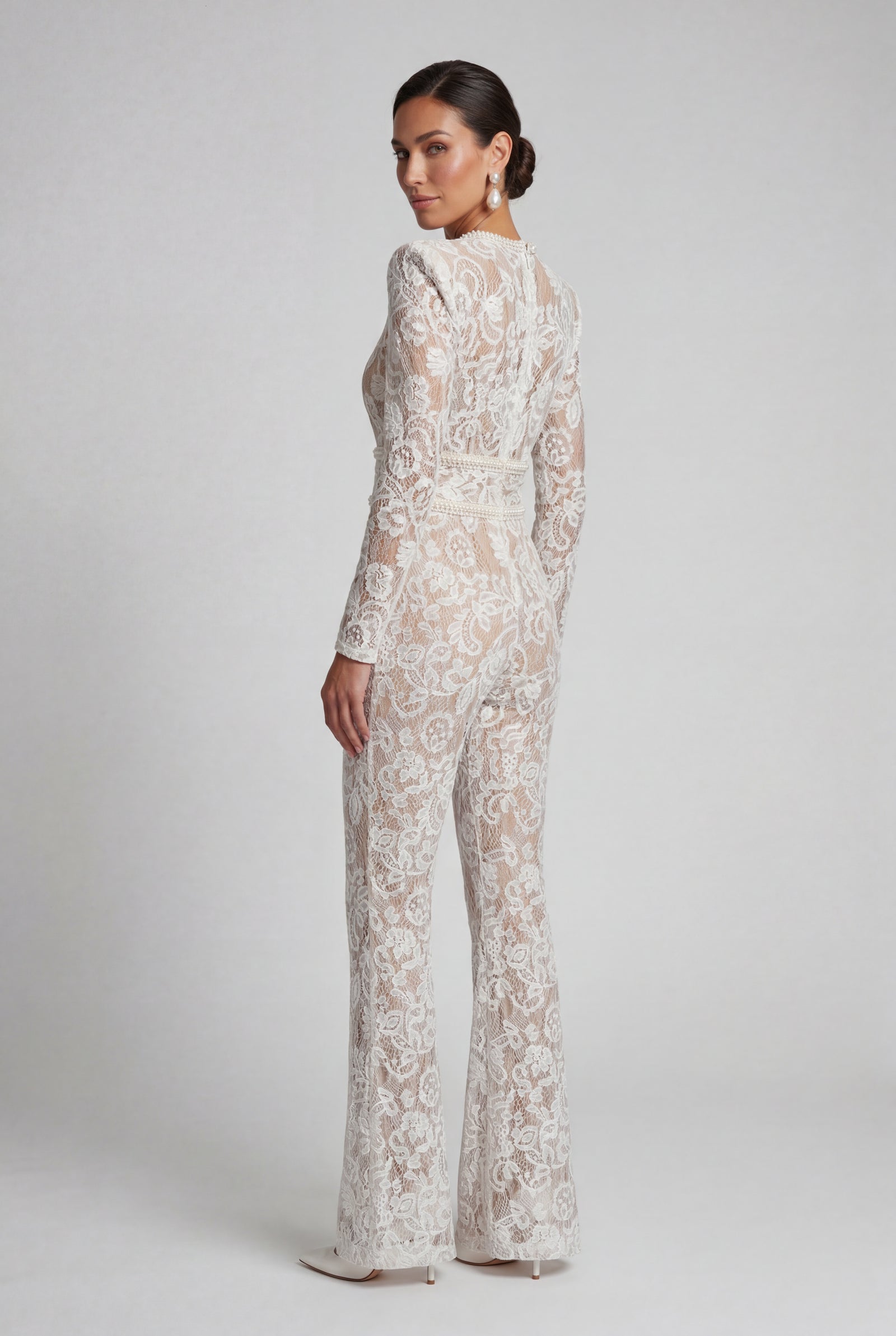 White Sheer Lace Wide-leg Jumpsuit with Belted Waist - Wide leg jumpsuit - Photo 2