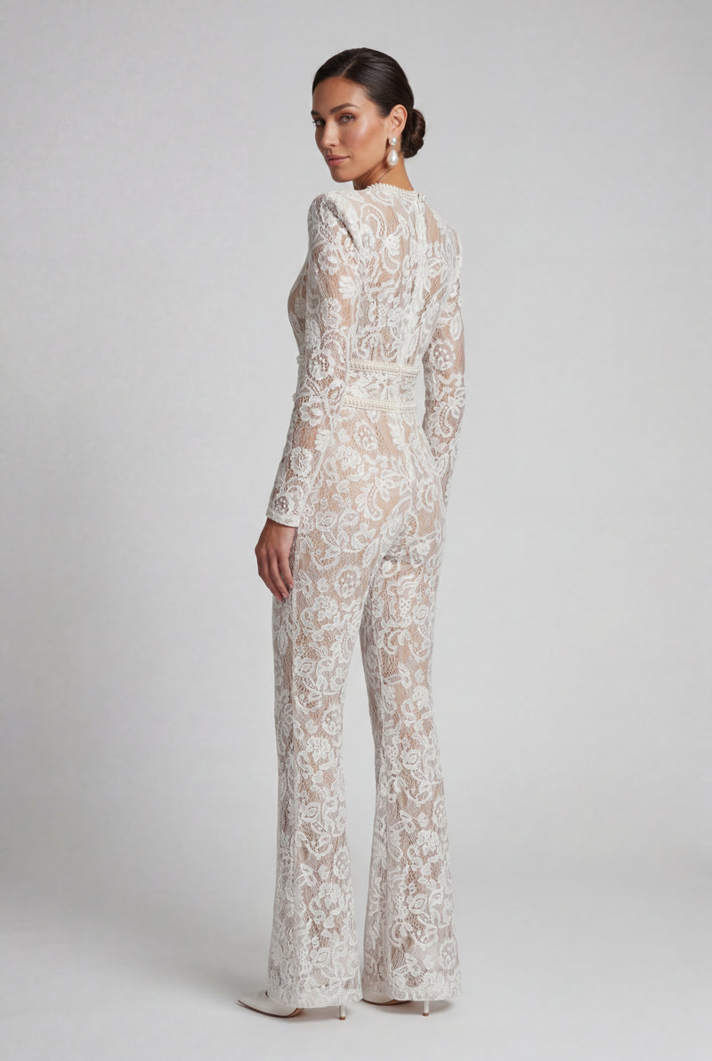 White Sheer Lace Wide-leg Jumpsuit with Belted Waist - Wide leg jumpsuit - Photo 2