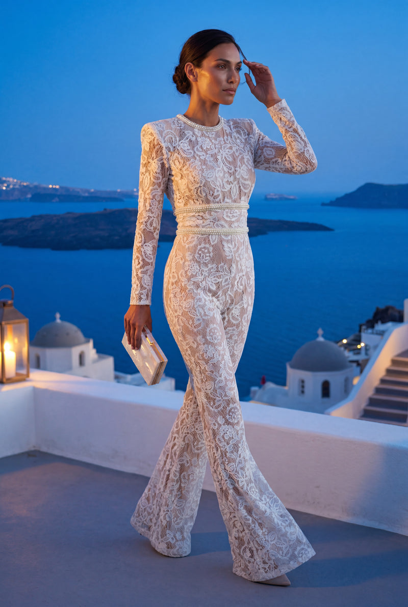 White Sheer Lace Wide-leg Jumpsuit with Belted Waist - Wide leg jumpsuit - Photo 4