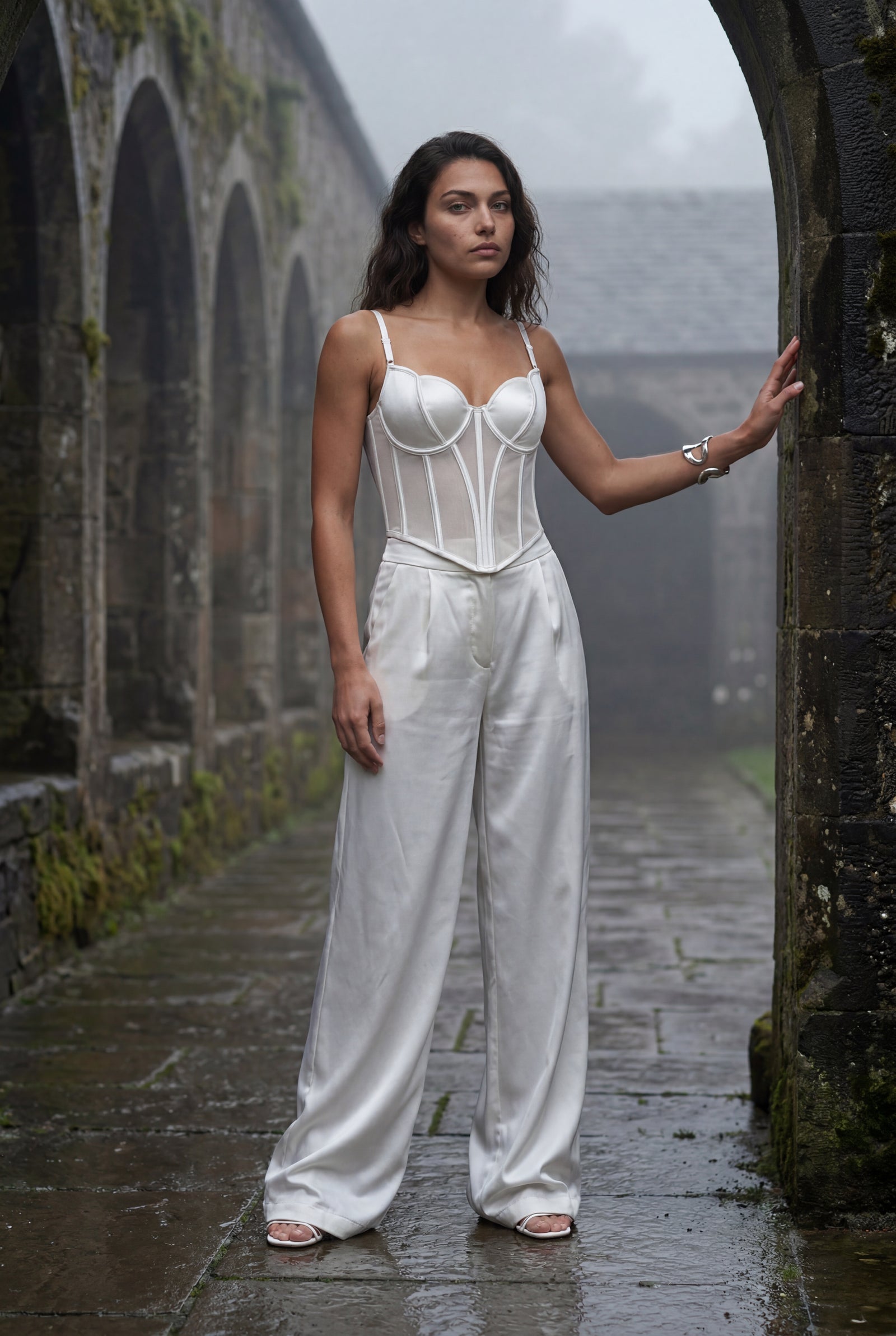 White Sheer Panel Boned Corset Crop Top - Corset crop tops - Photo 5