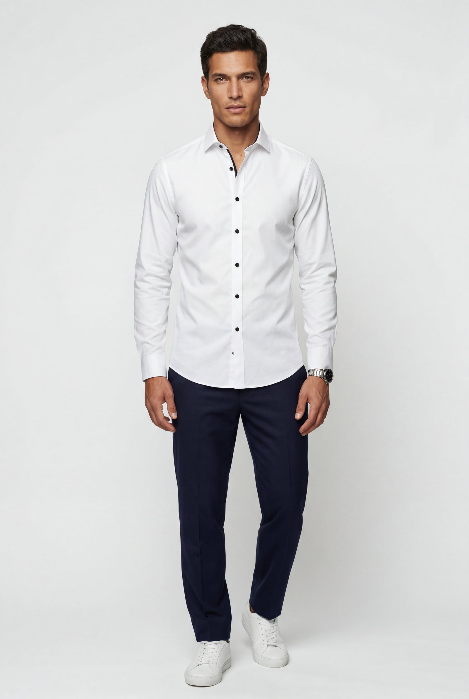 White Slim Fit Long Sleeve Dress Shirt with Spread Collar - Dress Shirts - Photo 2