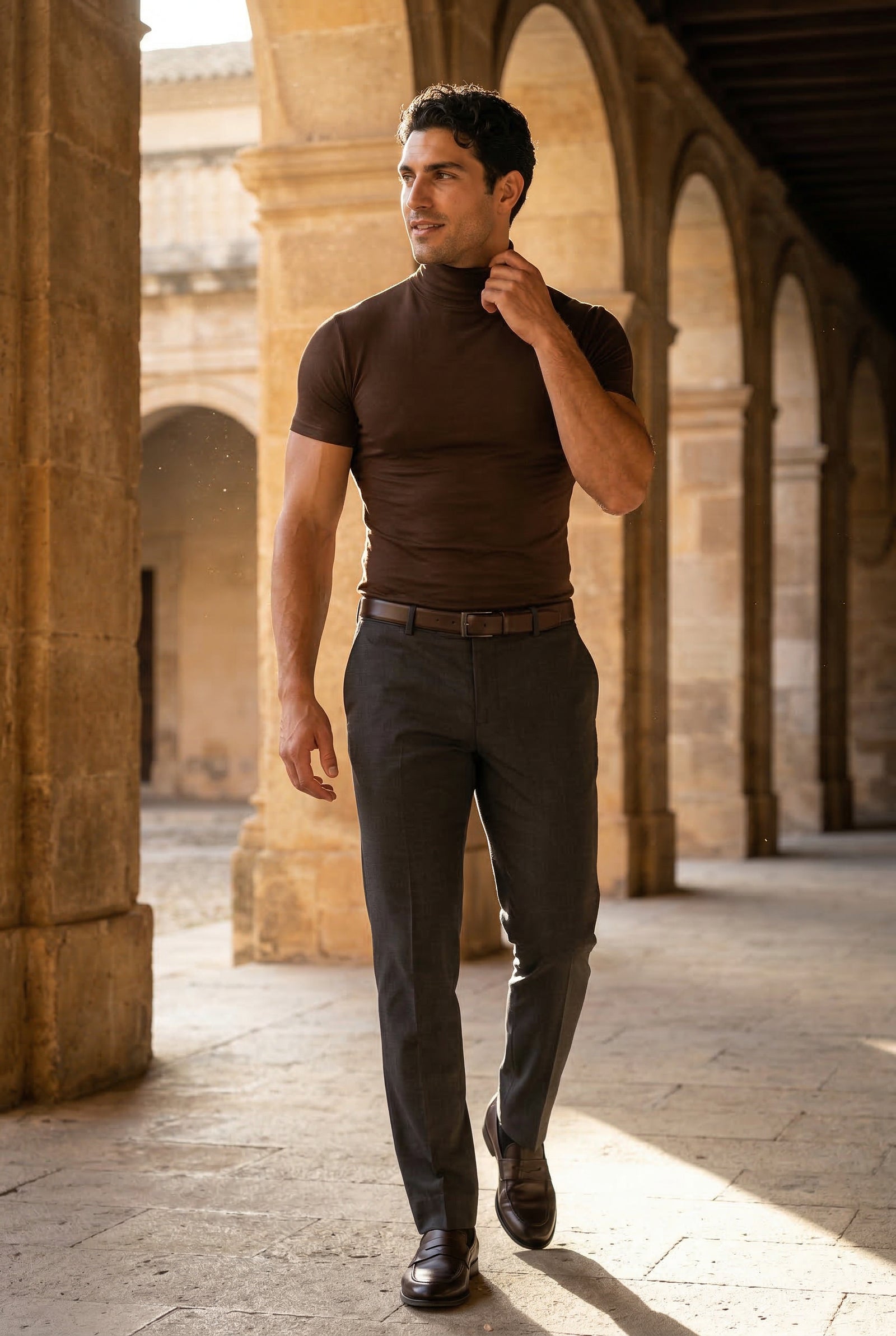 Dark Brown Slim Fit Short Sleeve Turtleneck Shirt - Turtleneck shirts - Photo 10