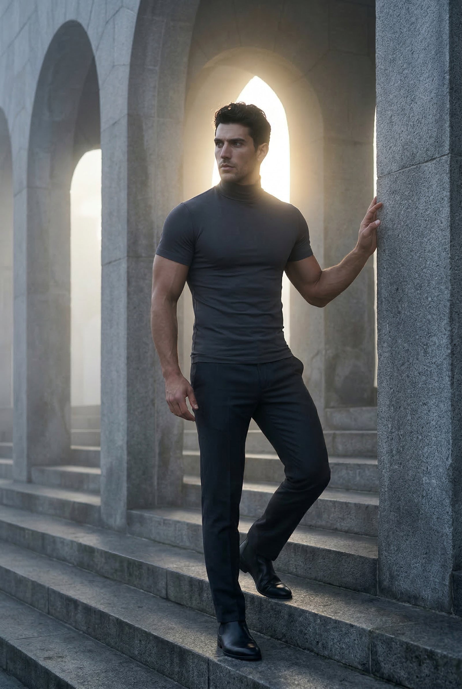 Charcoal Gray Slim Fit Short Sleeve Turtleneck Shirt - Turtleneck shirts - Photo 8