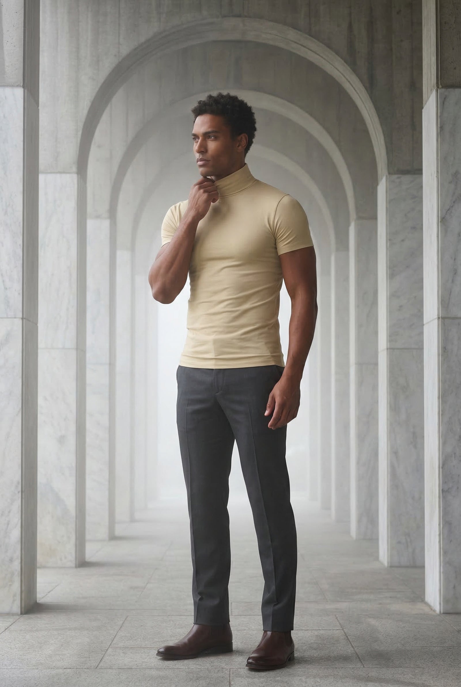 Light Beige Slim Fit Short Sleeve Turtleneck Shirt - Turtleneck shirts - Photo 9