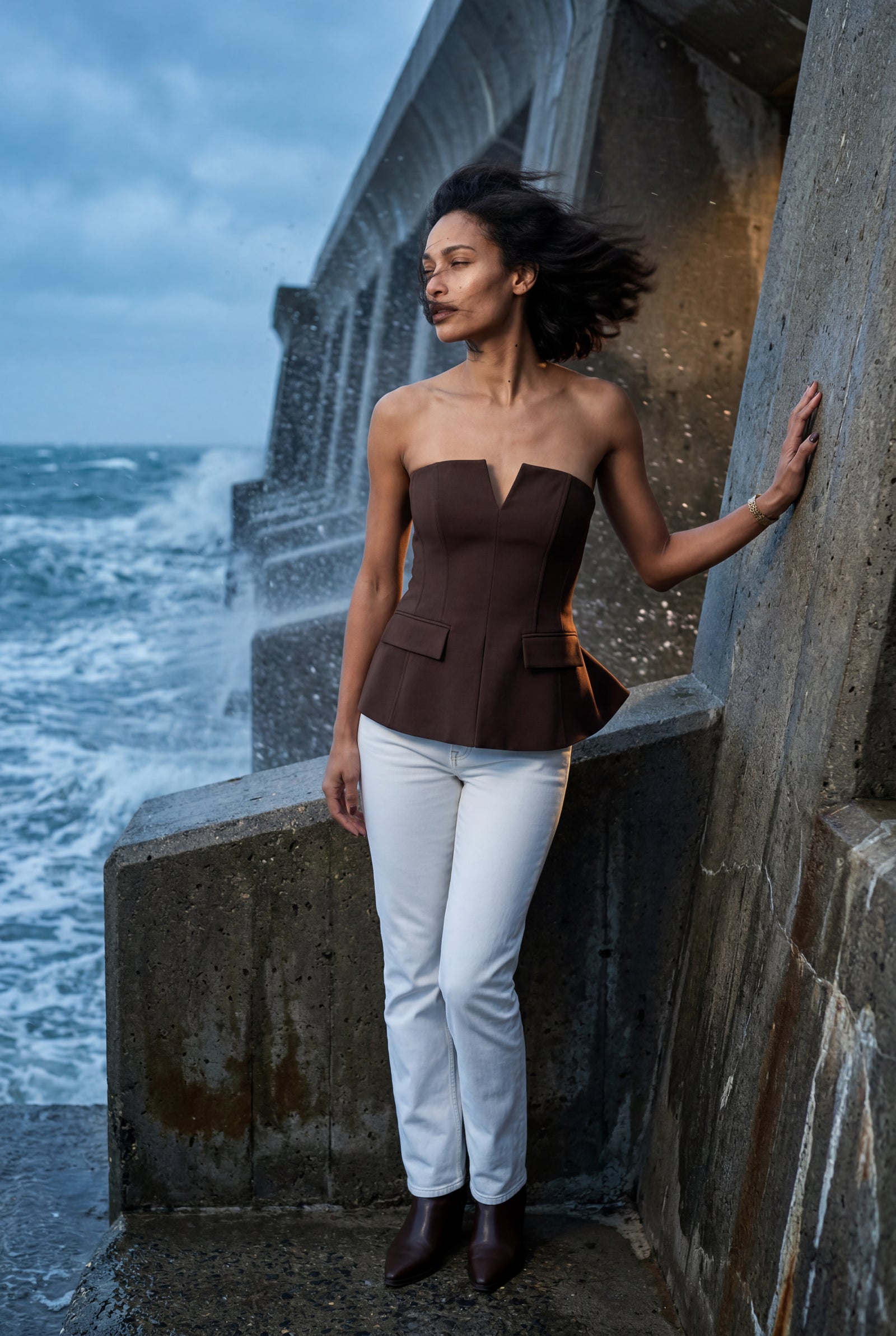Brown Strapless Notched Peplum Architectural Top - Peplum top - Photo 12
