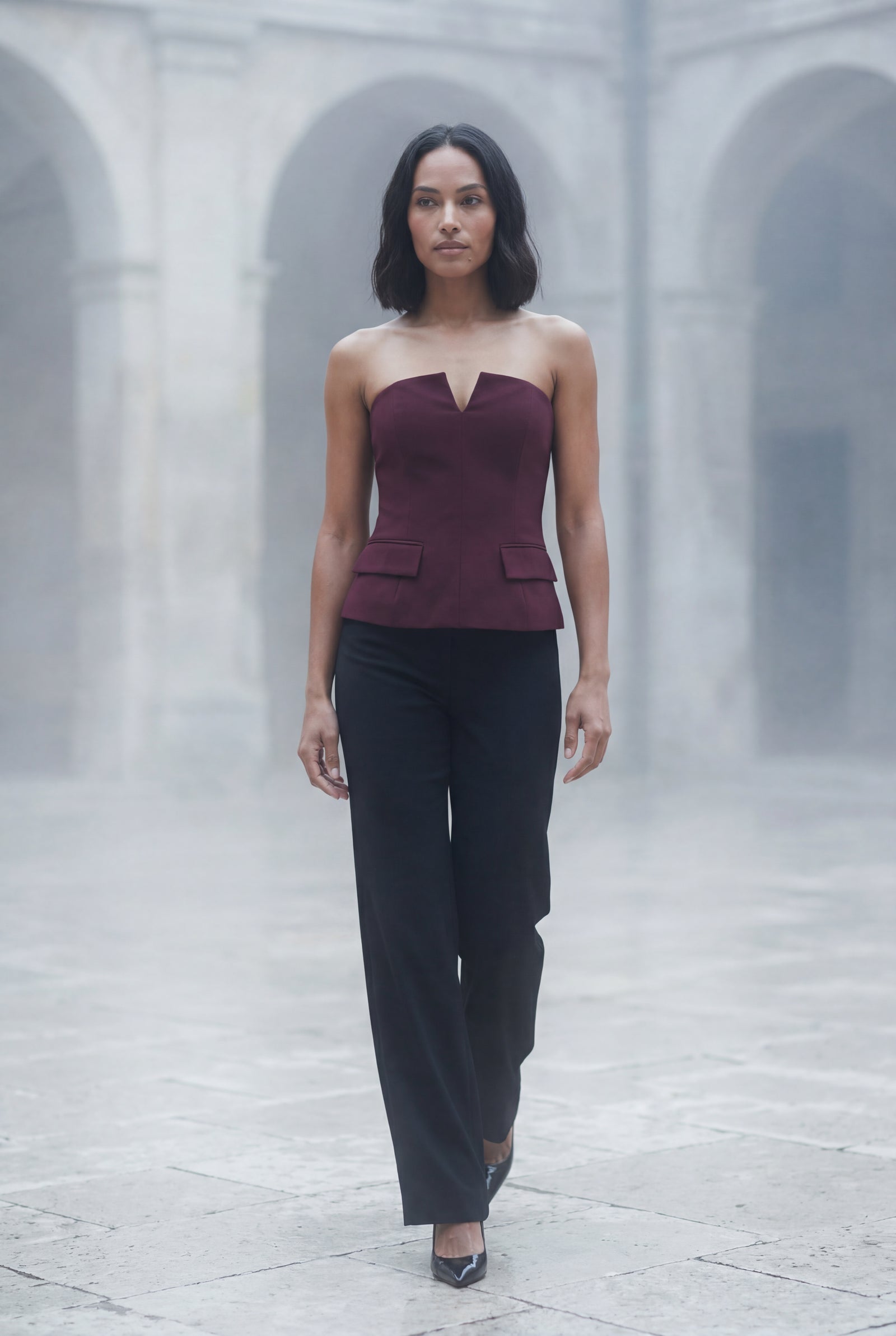 Burgundy Strapless Notched Peplum Architectural Top - Peplum top - Photo 9