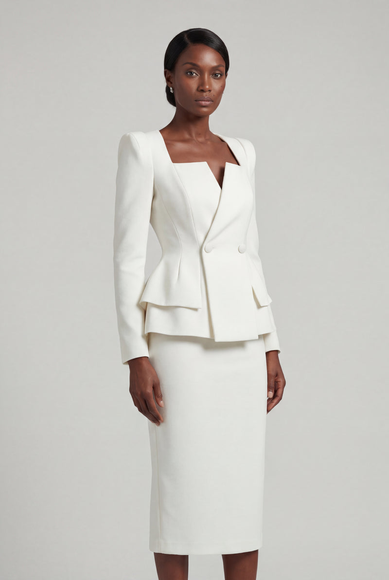 White Structured Peplum Skirt Suit with Square Neckline - Photo 1