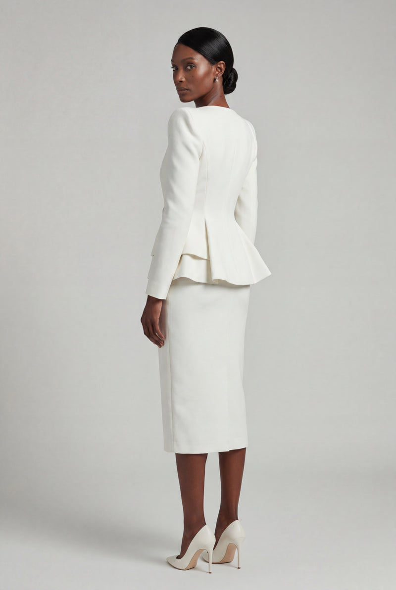 White Structured Peplum Skirt Suit with Square Neckline - Photo 2