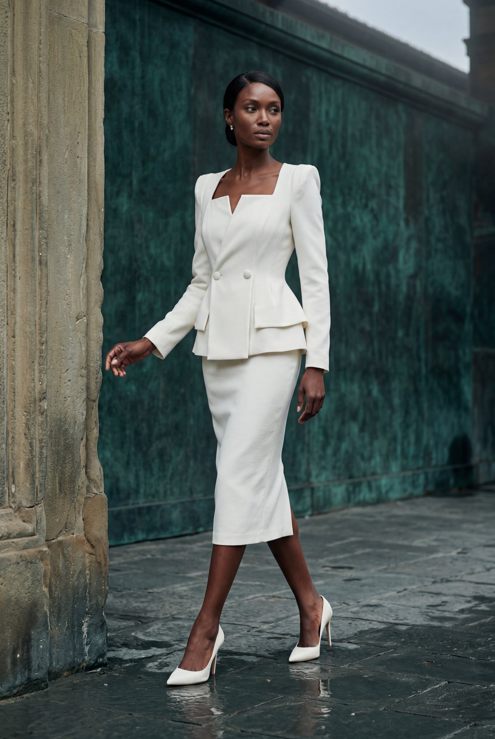 White Structured Peplum Skirt Suit with Square Neckline - Photo 6