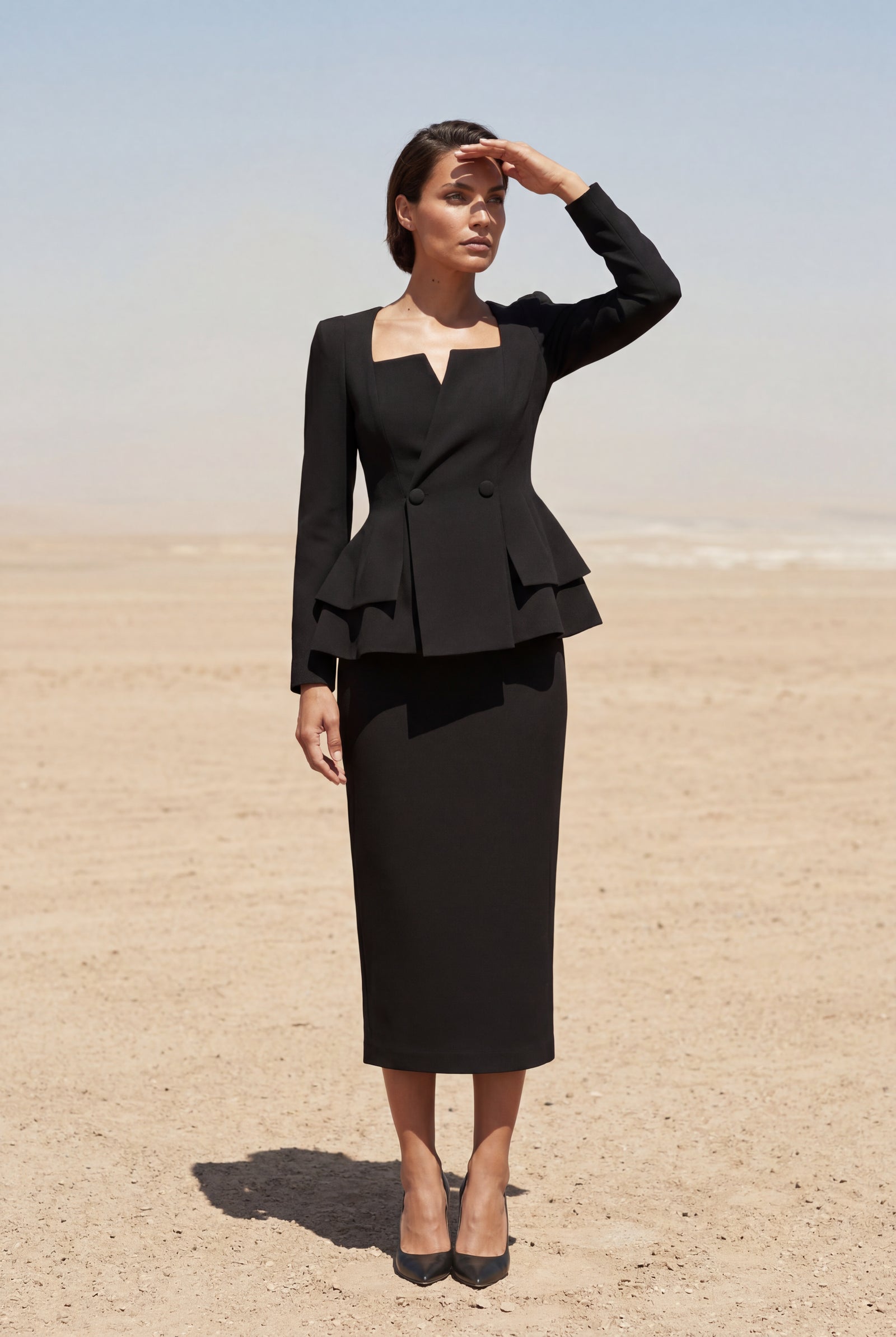 Black Structured Peplum Skirt Suit with Square Neckline - Photo 7