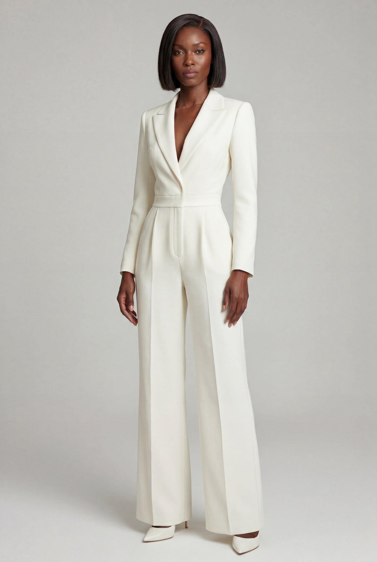 White Tailored Wide Leg Blazer Jumpsuit with Cinched Waist - Fitted blazer jumpsuit - Photo 3