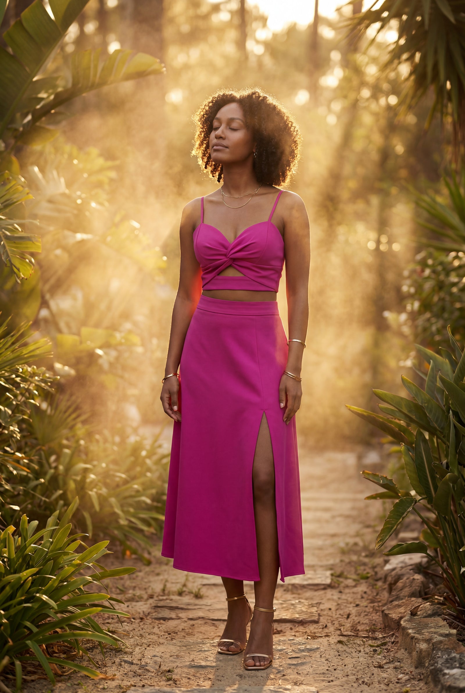 Dark Pink Twist-front Cutout Midi Dress with Side Slit - Photo 13