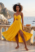Yellow Twist-front Cutout Midi Dress with Side Slit - Photo 37