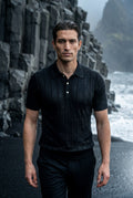 Black Vertical Ribbed Tailored Short Sleeve Polo Shirt - Polo shirts - Photo 6