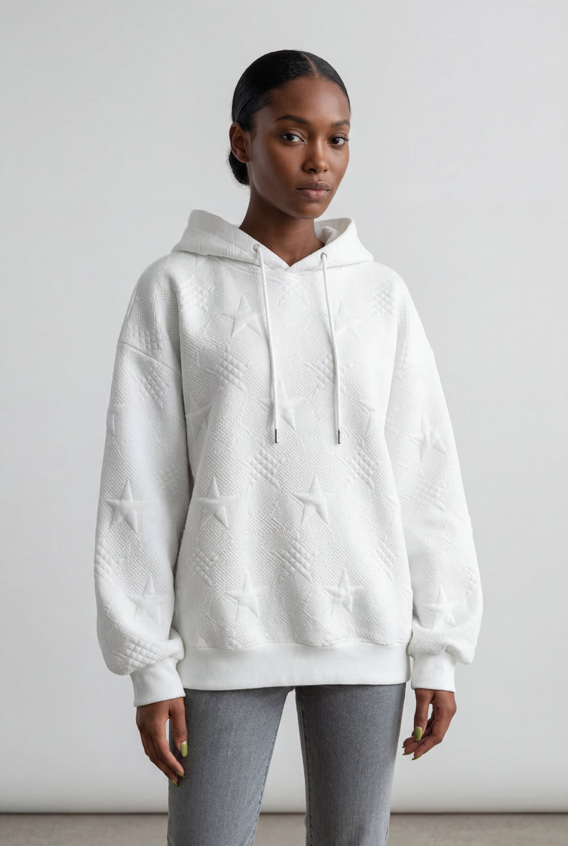 White White Embossed Star Relaxed Fit Hoodie - Photo 1